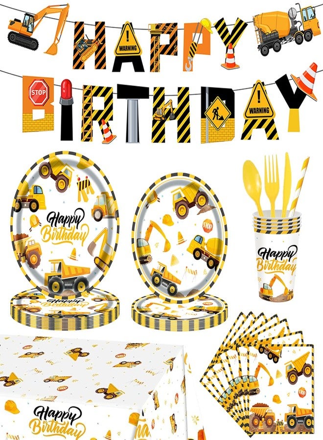 GalaHub 194Pcs Construction Plates Birthday Party Supplies Decorations Serve 24 | Includes Napkins Cups Tablecloth and Banner | Boys Construction Themed Birthday Party - Image 1
